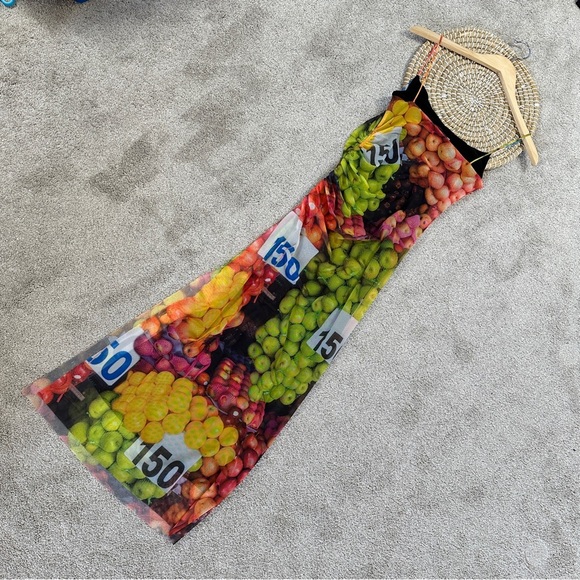 Zara Ruched Mesh Maxi Dress Strappy Sleeveless Fruit Stand Print Colorful Size S - Picture 7 of 14